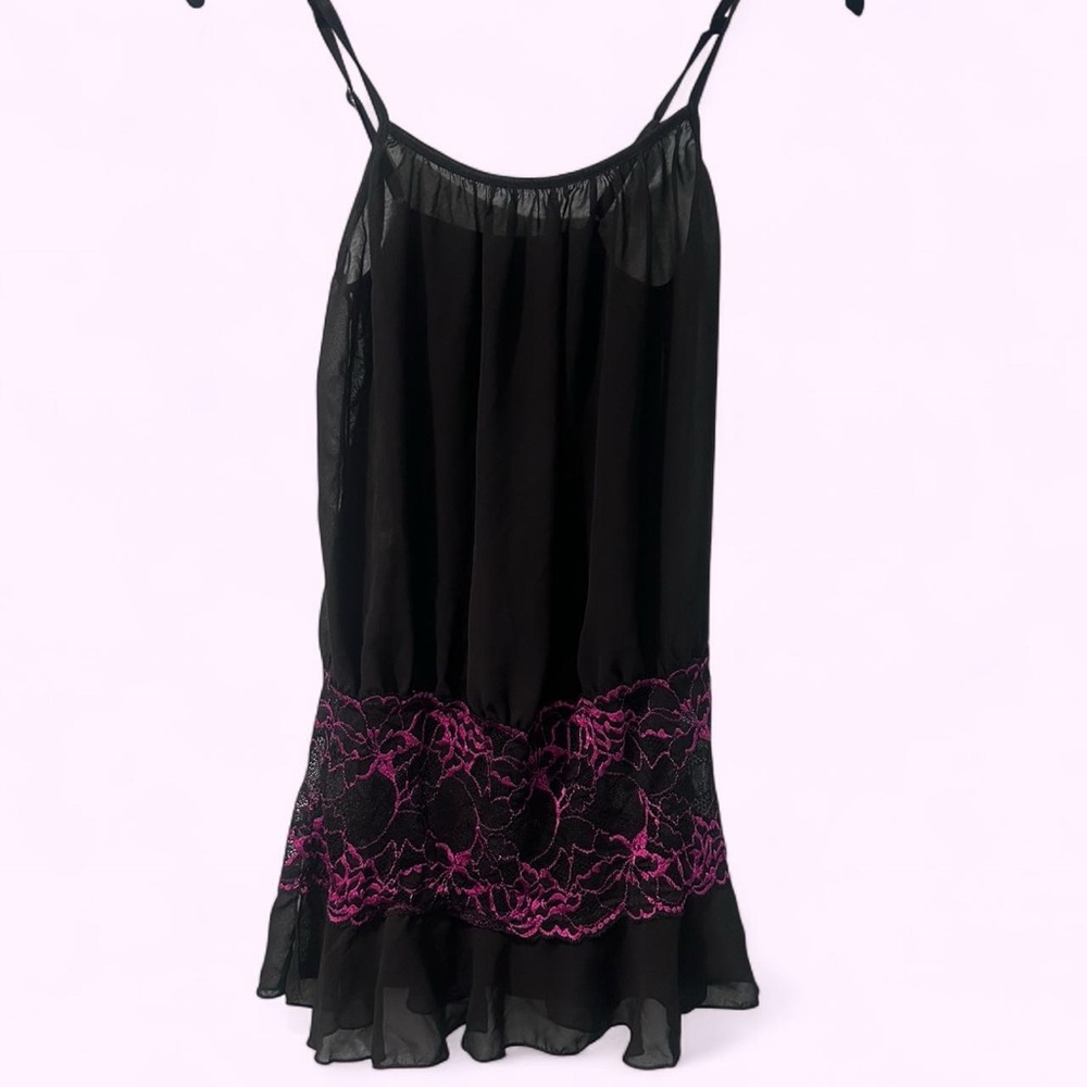 Black and Pink Sheer Lace Tank Top Chemise Mini Dress Lingerie Style
